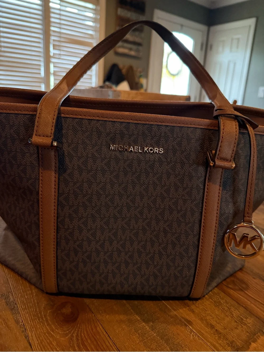 Michael Kors Brown Monogram Tote with Tan Trim